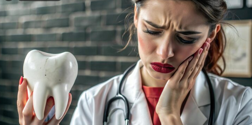 Sore tooth dentist holding tooth model